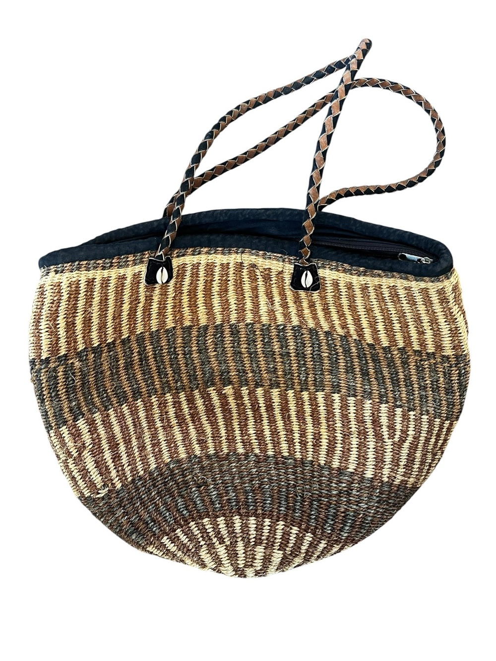 VIntage Woven Straw Tote Braided Leather Handles Boho Beach Market Shoulder Bag
